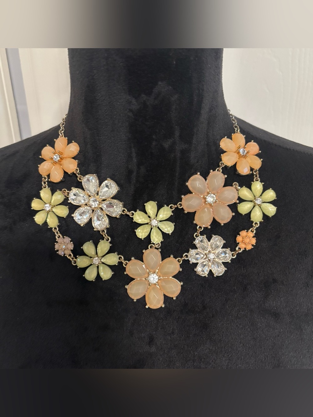 Colorful Floral Statement Necklace Faceted Crystal Rhinestone Flowers